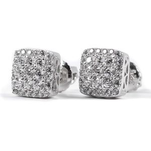 Mens Square White Gold Hip Hop Iced Sterling Silver Screw Back Stud Earrings